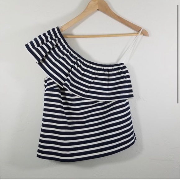 J. Crew Side Ruffle Nautical Top - Size XS - Black/White Horizontal Stripes - Picture 2 of 5